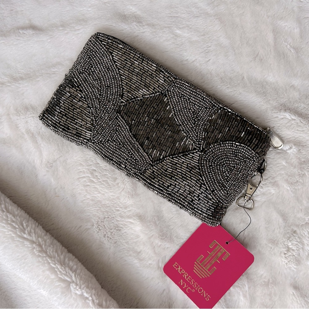 NWT Black and Silver Beaded Sequined Clutch